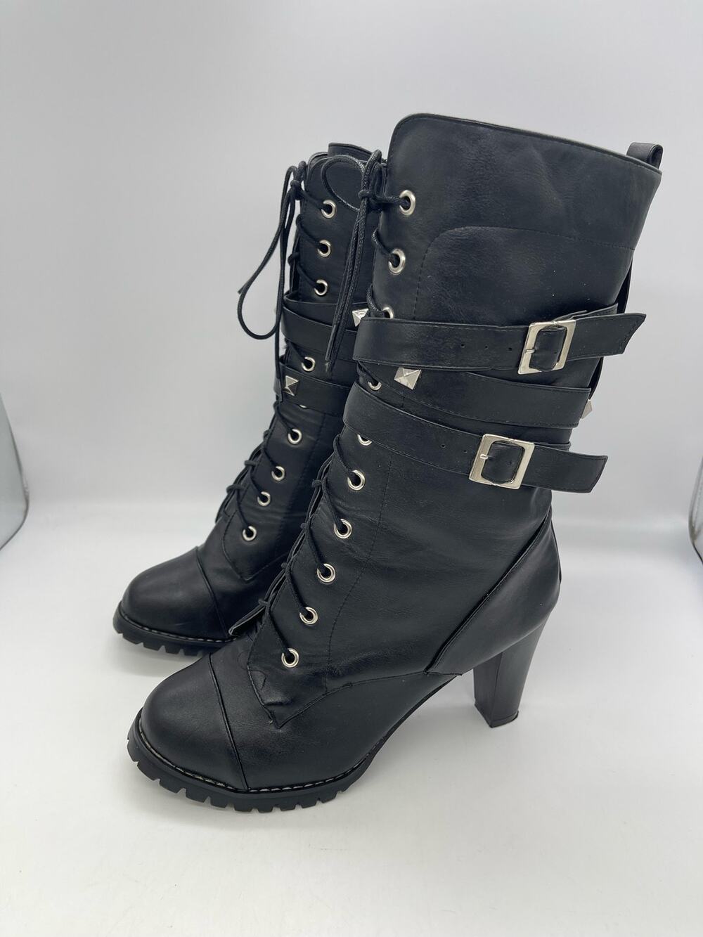 Women’s Black Rivit Gothic Mid Calf Chunky Heel Boot Size EU 41 US Size 10